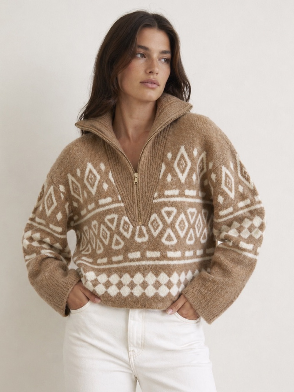 J.Crew Geometric Fair Isle Half-Zip Alpaca Sweater, tan size XS